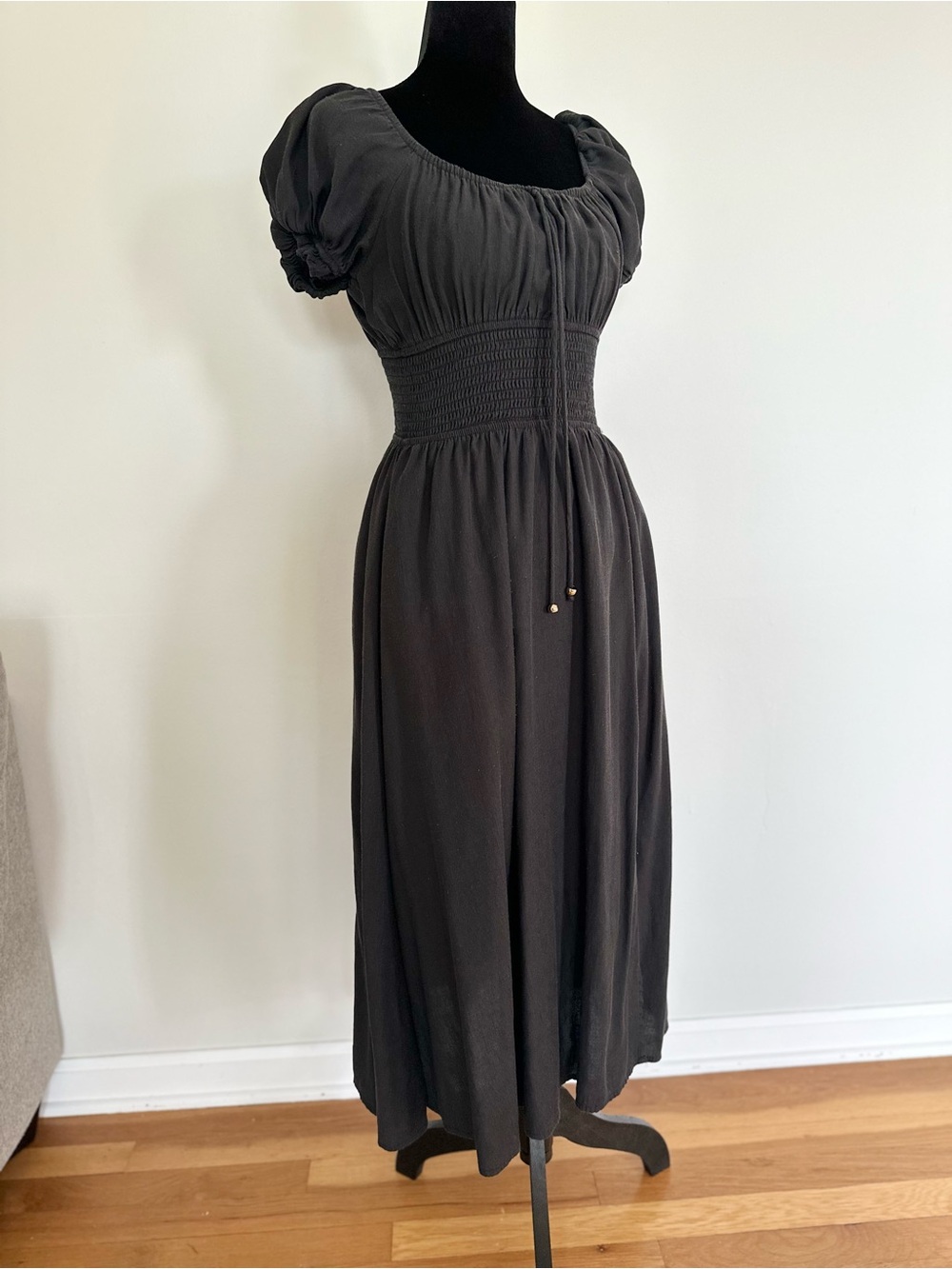 Phicia Black Puff-Sleeve Smocked Waist Midi Cottagecore Dress with Side Slit